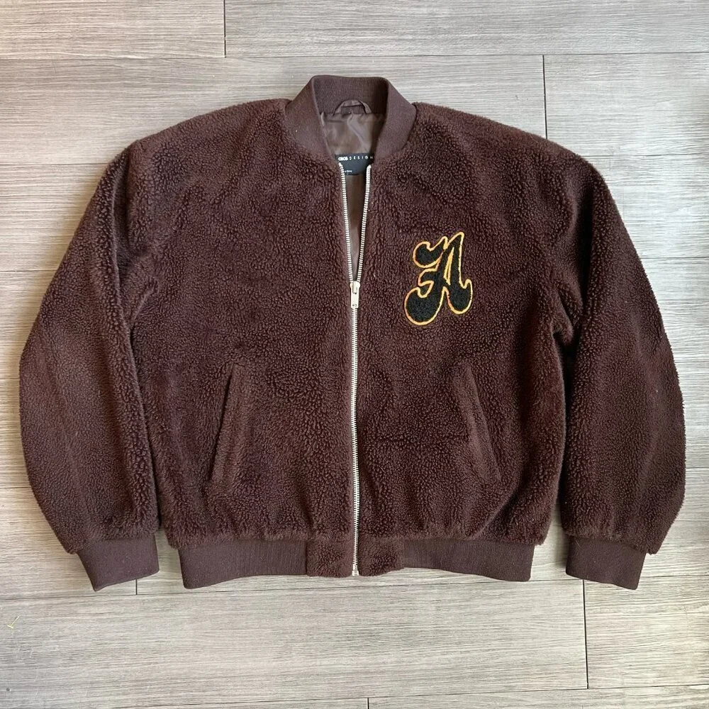 ASOS Design Faux Fur Varsity Bomber Jacket Embroidery Patch Brown Size M